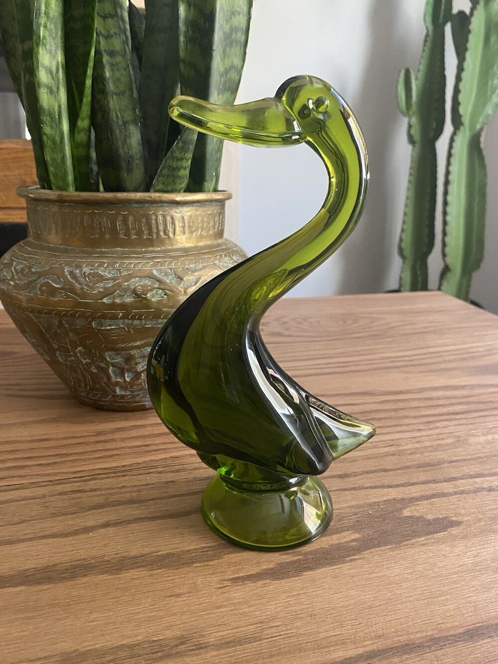 Vintage Midcentury Viking Glass Translucent Green Duck 9” Tall Blown Glass Duck